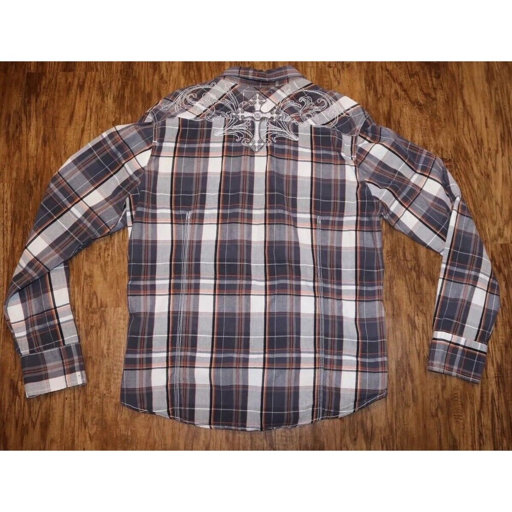 Pop Icon Western Shirt Men's XL Gray Plaid Pearl Snaps Embroidered